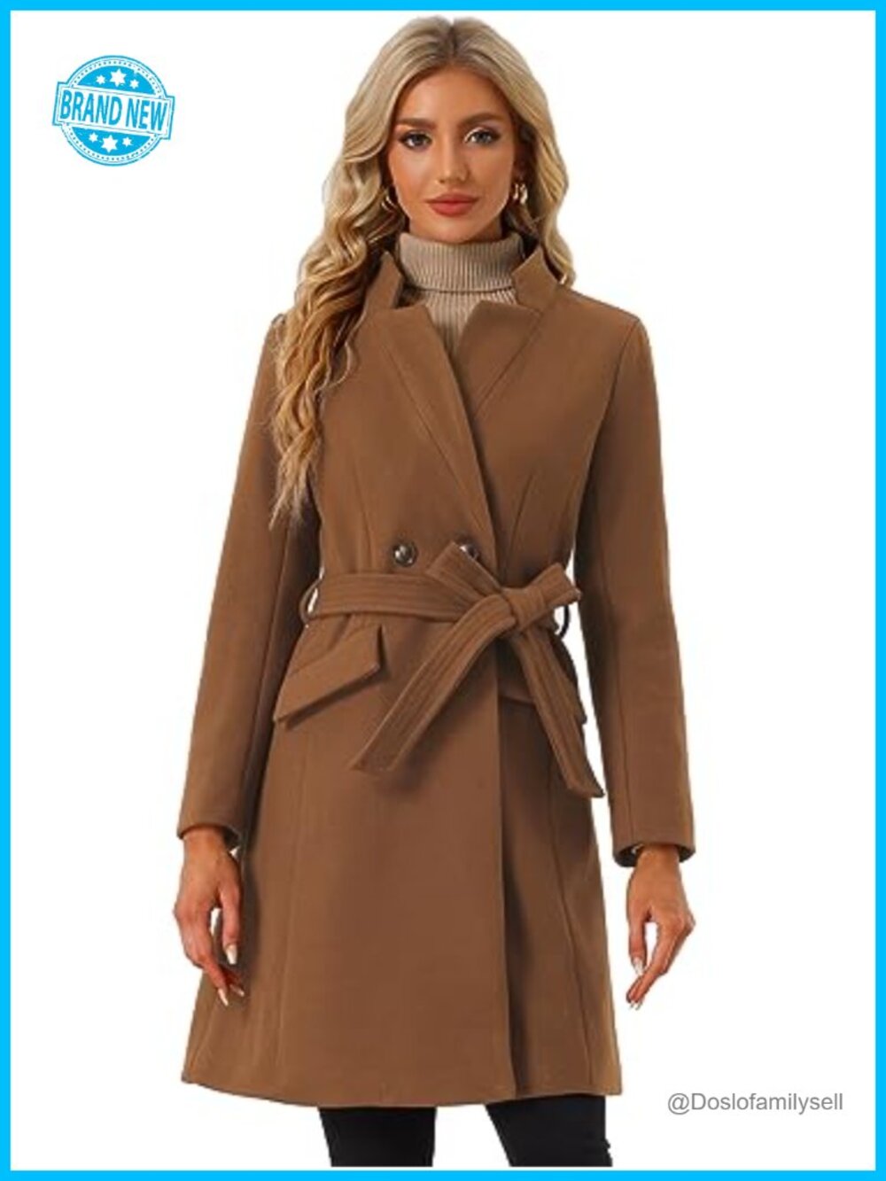 Allegra K Winter Pea Coat Womens Stand Collar Belted Trench Coat